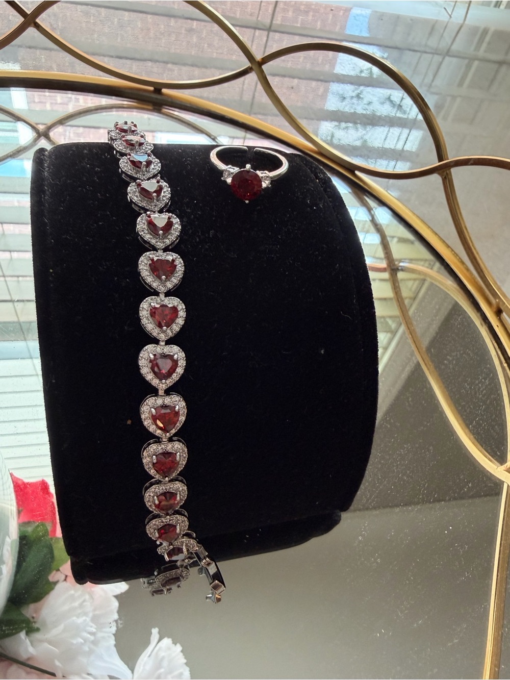 Silver tone Heart Ruby Bracelet and Ring Set - Red
